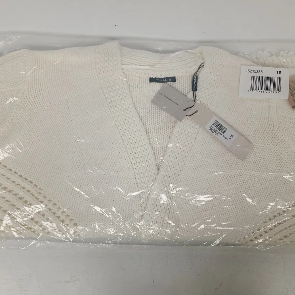 BAGGED ROMAN EDGE TO EDGE KNITTED CARDIGAN IN IVORY SIZE 16