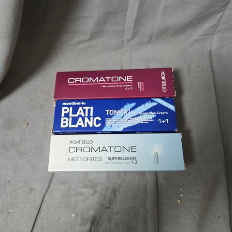 BOX OF APPROXIMATELY 20 ASSORTED HAIR CARE PRODUCTS INCLUDING CROMATONE HAIR COLOURING CREAM LIGHT GOLDEN COPPER BROWN, MONTIBELLO PLATI BLANC TONER BEIGE/METEORITES SUPERBLONDE HAIR COLOURING CREAM S