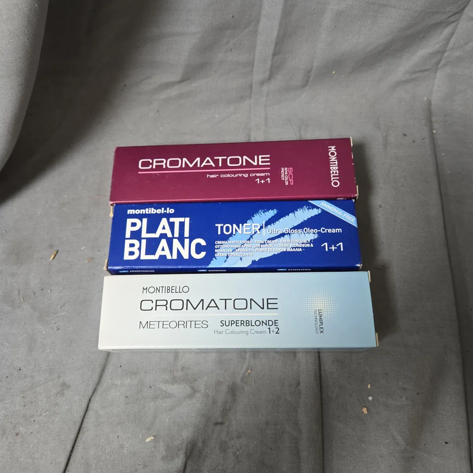 BOX OF APPROXIMATELY 20 ASSORTED HAIR CARE PRODUCTS INCLUDING CROMATONE HAIR COLOURING CREAM LIGHT GOLDEN COPPER BROWN, MONTIBELLO PLATI BLANC TONER BEIGE/METEORITES SUPERBLONDE HAIR COLOURING CREAM S