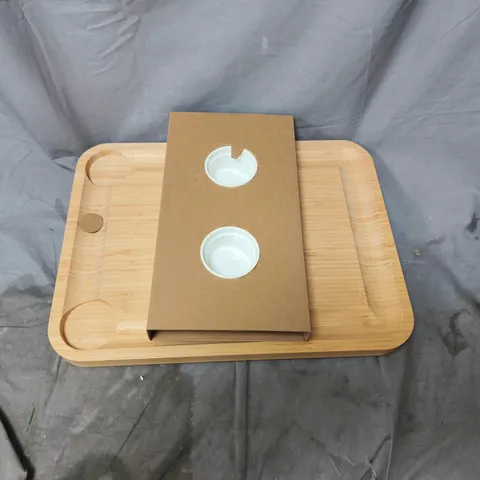SO WOOD WOODEN SERVING TRAY WITH TWO WHITE CERAMIC CUPS IN CARDBOARD INSERT