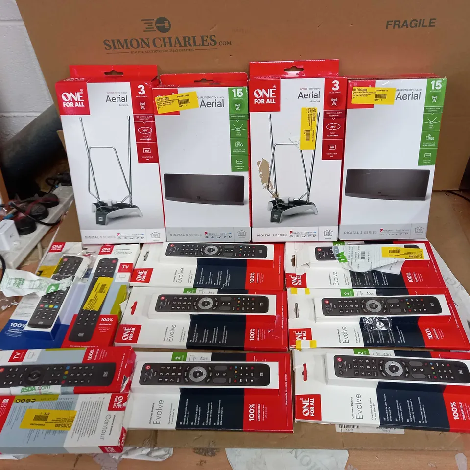 LOT OF APPROX 14 ASSORTED ONE-FOR-ALL ITEMS TO INCLUDE AERIALS AND TV REMOTES