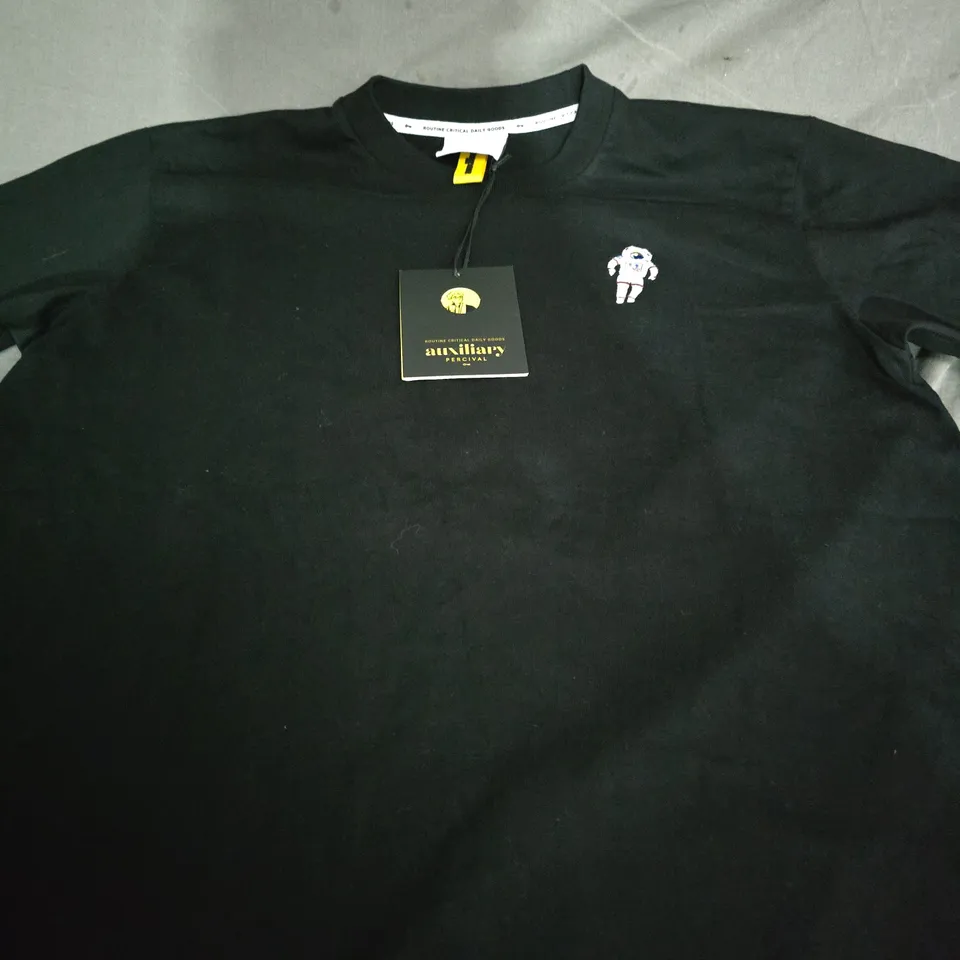 PERCIVAL AUXILIARY T SHIRT – BLACK, ASTRONAUT EMBROIDERED LOGO, UK SIZE L