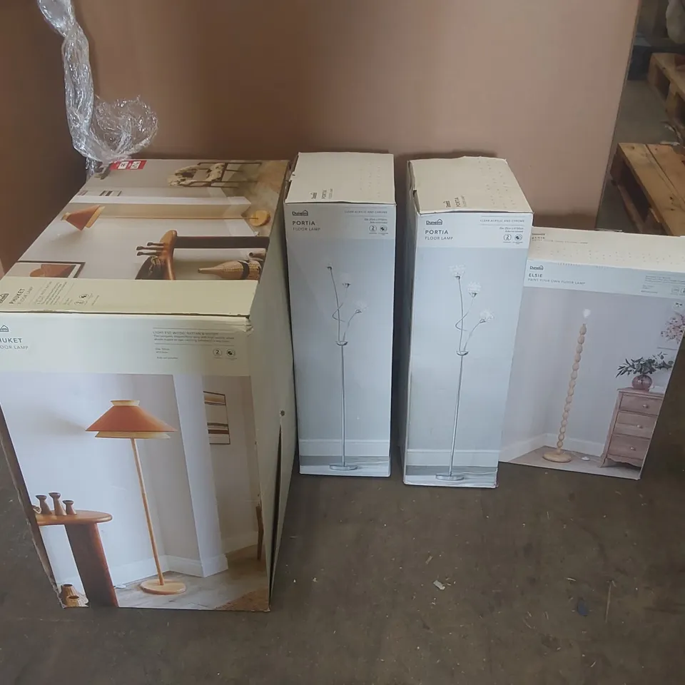 PALLET CONTAINING A VERY LARGE QUANTITY OF ASSORTED DESIGNER LIGHTING PRODUCTS INCLUDING: PHUKET FLOOR LAMP, PORTIA FLOOR LAMPS, ELSIE FLOOR LAMP ECT