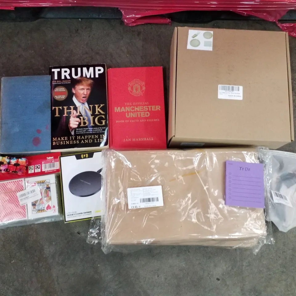 PALLET OF 6 BOXES CONTAINING ASSORTED PRODUCTS INCLUDING DECK OF CARDS, THINK BIG TRUMP BOOK, MANCHESTER UNITED BOOK, WIRELESS FAST CHARGER, TODO POSTIT NOTES, FACE MASKS 