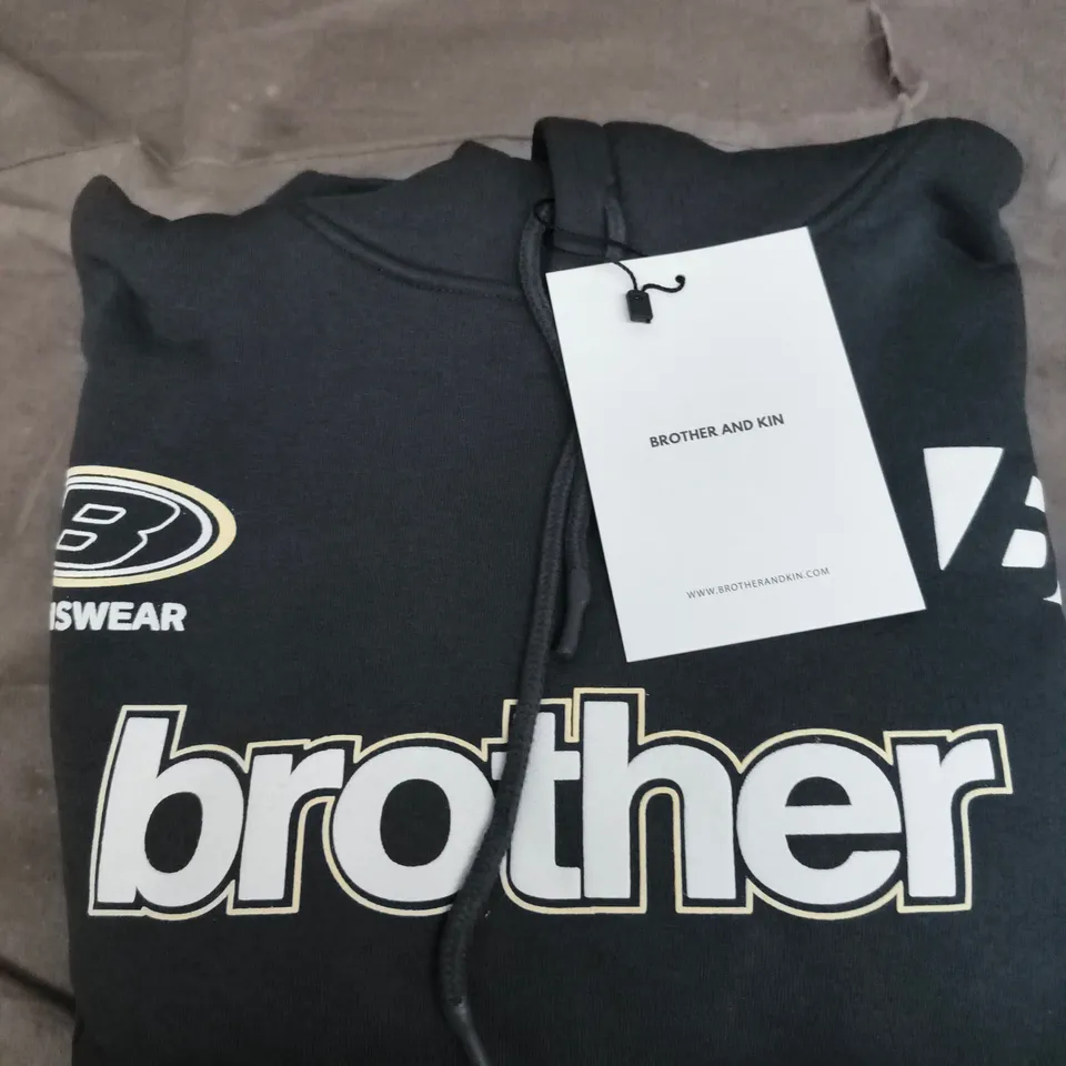 BROTHER AND KIN MOTIF LOGO HOODIE IN CHARCOAL BLUE – UK S