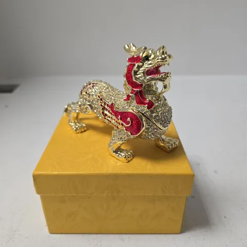 GOLD-TONE CRYSTAL DRAGON FIGURINE WITH RED ENAMEL ACCENTS