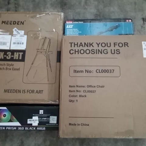 PALLET OF ASSORTED ITEMS INCLUDING OFFICE CHAIR, CPU FAN, FRENCH STYLE SKETCH BOX EASEL, CORDLESS CLEANER, NEWDAY CEILING FAN