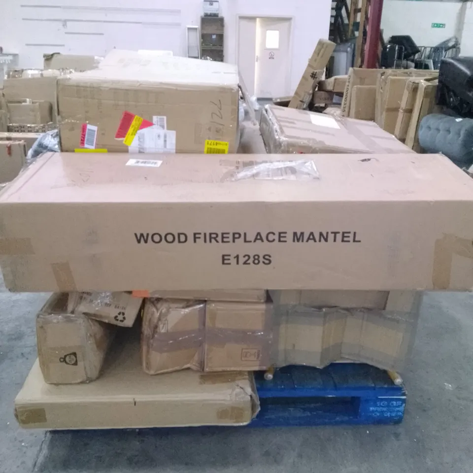 PALLET OF APPROXIMATELY 15 FURNITURE PARTS ASSORTED ITEMS TO INCLUDE WOOD FIREPLACE, SHELF WALLY, METAL BED FRAME ETC