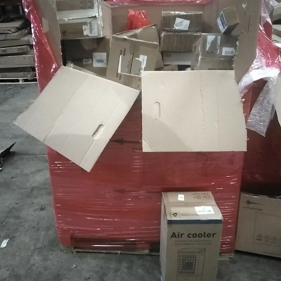 A PALLET CONTAINING ASSORTED HOUSEHOLD GOODS AND PRODUCTS TO INCLUDE; AIR COOLER, PORTABLE AIR COOLERS, BOXED FURNITURE ETC