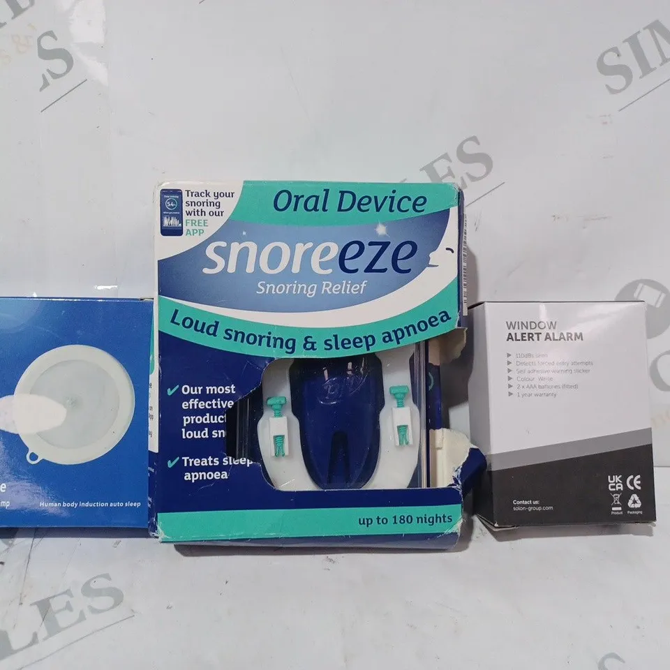 APPROXIMATELY 10 ASSORTED HOUSEHOLD ITEMS TO INCLUDE WINDOW ALERT ALARM, SNOREEZE SNORIGN RELIEF, INTELLIGENCE LED NIGHT LIGHT, ETC