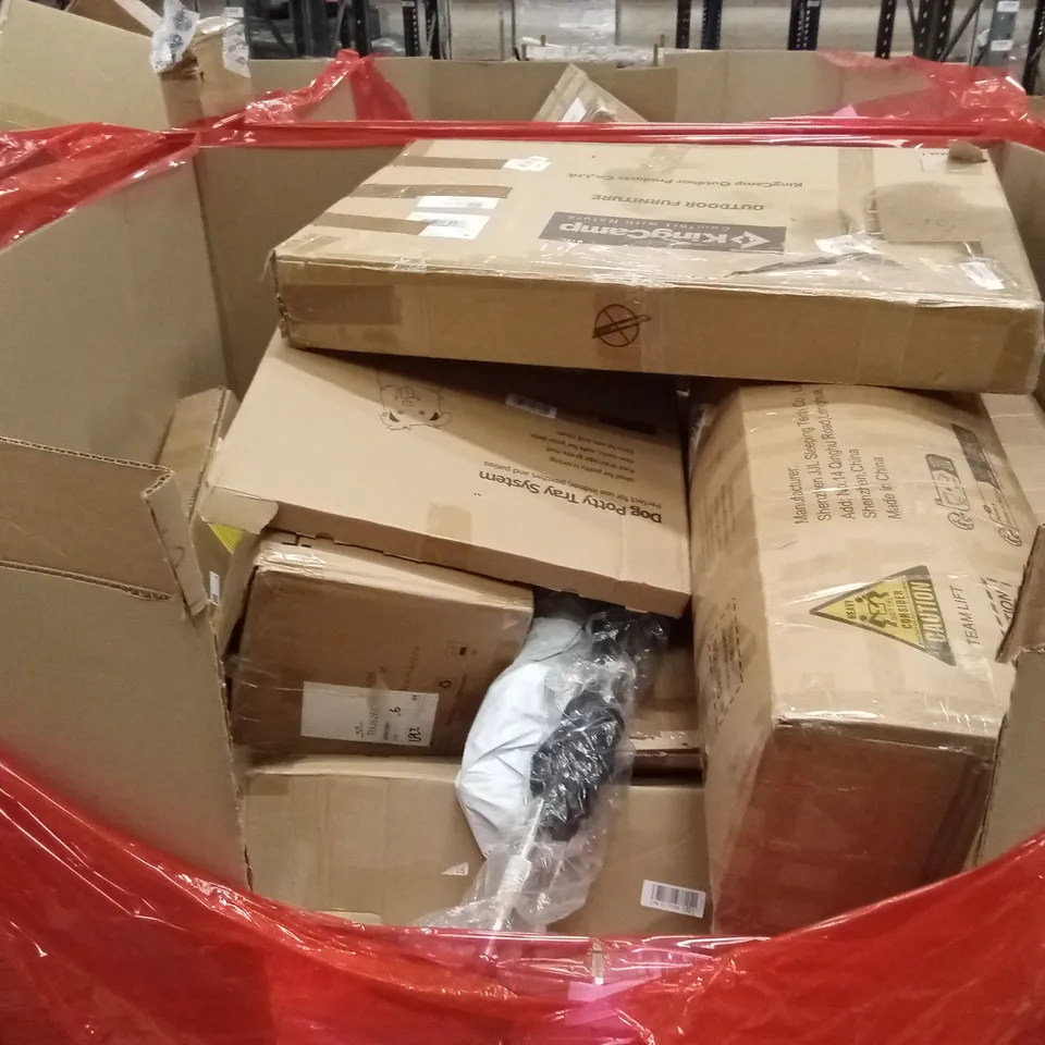 PALLET OF ASSORTED HOUSEHOLD GOODS AND PRODUCTS TO INCLUDE; DOG POTTY TRAY, WALKING AID, BOXED FURNITURE ETC