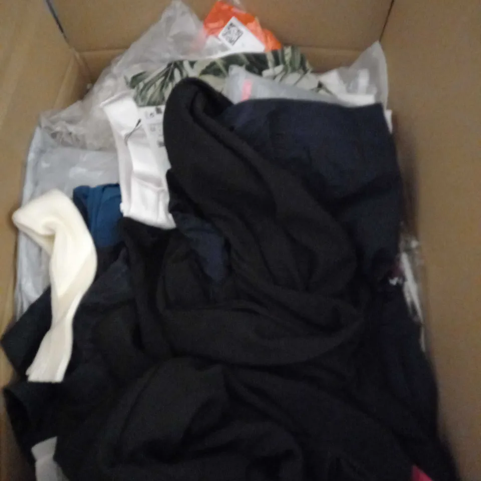  BOX OF ASSORTED CLOTHING ITEMS TOO INCLUDE DRESSES , SHIRTS AND TROUSERS IN VARIOUS SIZES AND COLOURS   