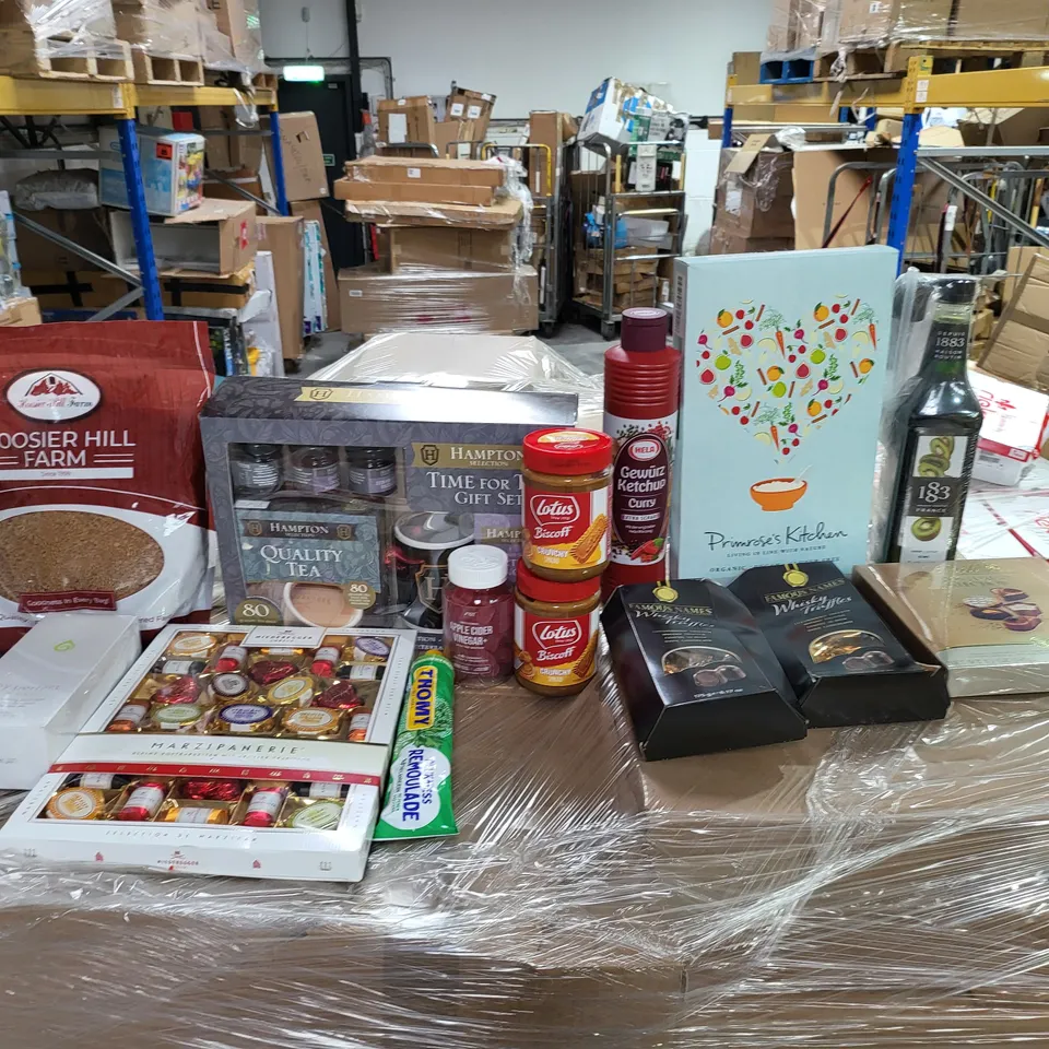 PALLET OF 6 LARGE BOXES OF A SIGNIFICANT QUANTITY OF ASSORTED FOOD, DRINK AND BEAUTY PRODUCTS TO INCLUDE HAMPTON TIME FOR TEA GIFT SET, LINDT SWISS LUXURY SELECTION, LOTUS BISCOFF CRUNCHY SPREAD, ETC