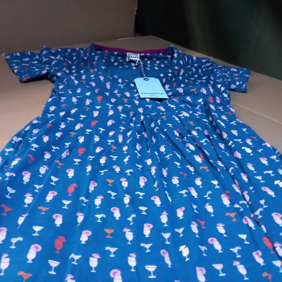 WEIRDFISH MAJOLICA BLUE PRINTED WRAP MODAL DRESS - SIZE 10