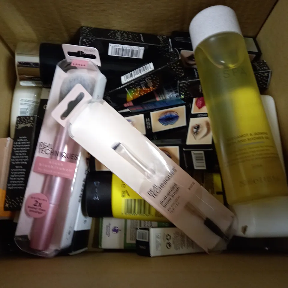 BOX OF APPROXIMATELY 20 ASSORTED COSMETICS TO INCLUDE REA; TECHNIQUES BROW BRUSH, ESPA SHOWER GEL, GLITTER FIXER GEL ETX