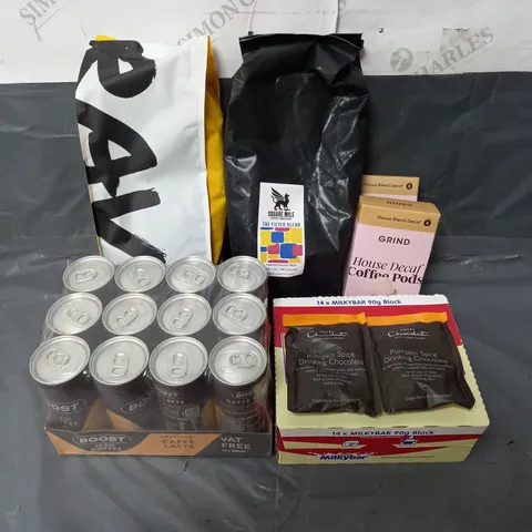 APPROXIMATELY 8 ASSORTED FOOD & DRINK ITEMS TO INCLUDE - SQUARE MILE THE FILTER BLEND COFFEE BEANS - MILKYBAR CHOCOLATE - BOOST ICED COFFEE LATTE CANS - ETC