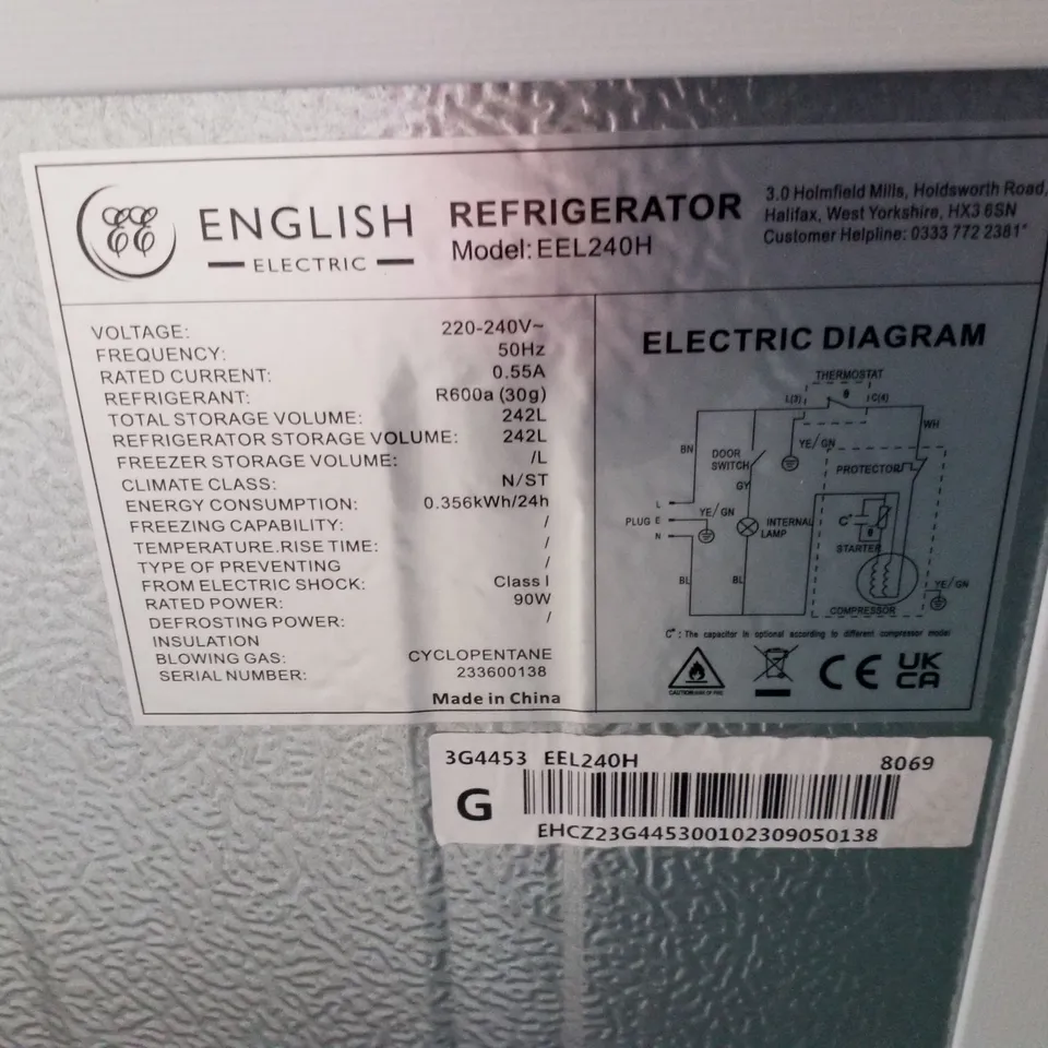 ENGLISH ELECTRIC TALL FRIDGE WHITE EEL240H