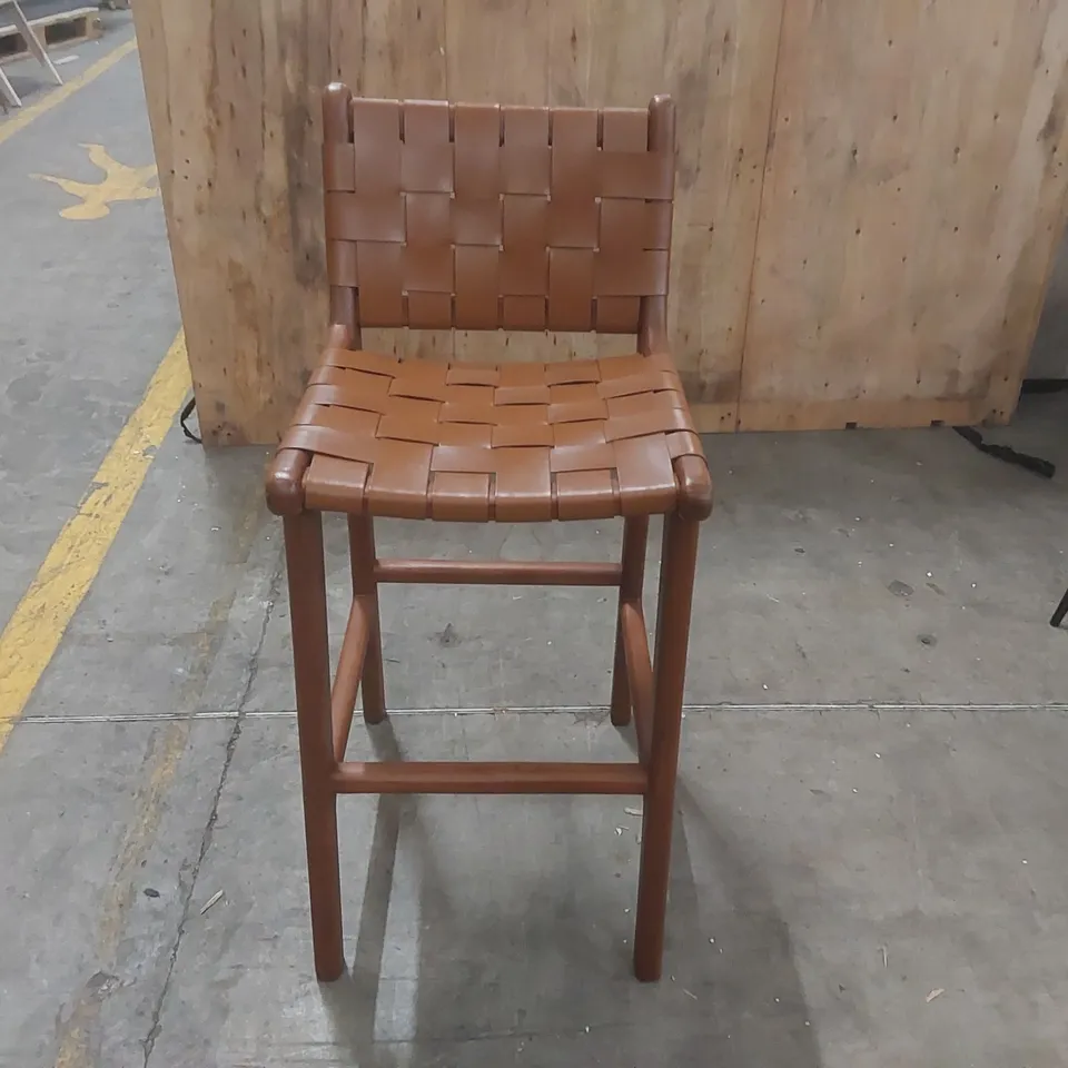 LONDON BAR STOOL - LEATHER WOVEN SEAT - TEAK FRAME - 64CM