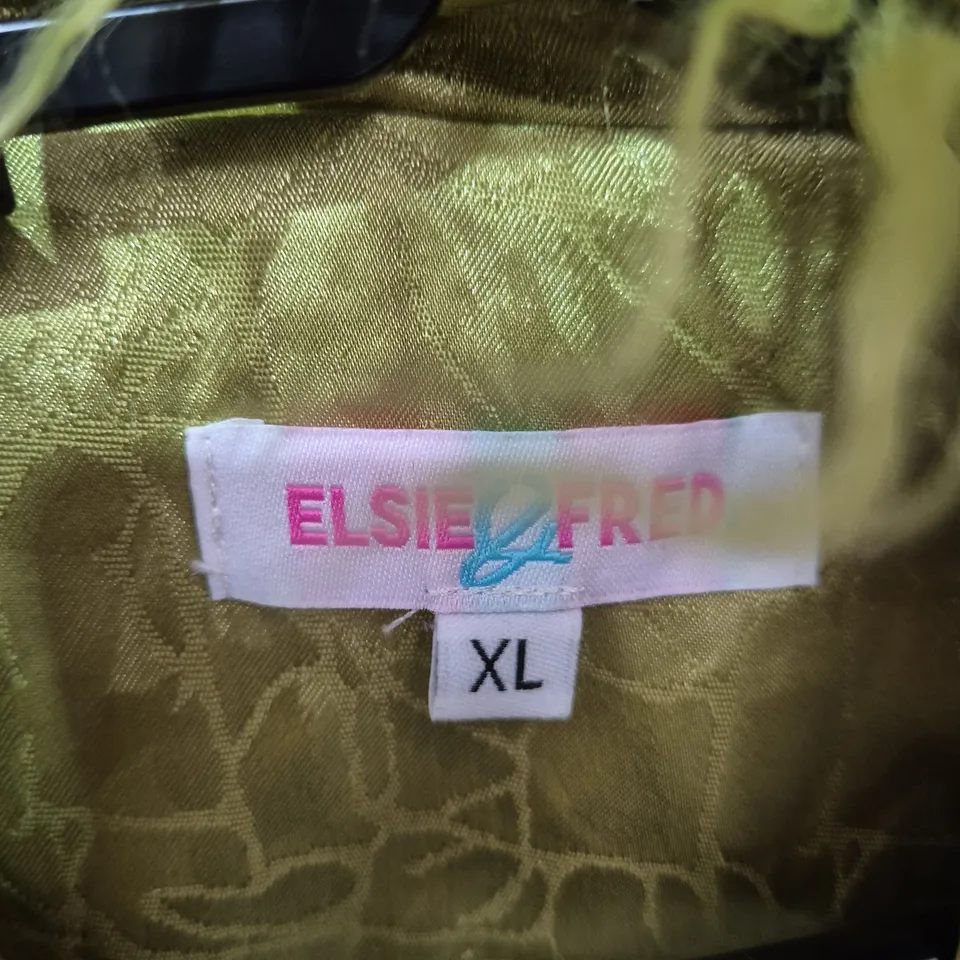 ELSIE FRED COAT – OLIVE GREEN JACQUARD WITH FAUX FUR TRIM, SIZE XL