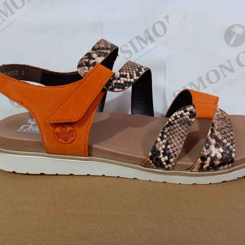 RIEKER ANTISTRESS PAIR OF SANDALS (LEATHER, ORANGE/SNAKE PATTERN), SIZE 7.5 UK