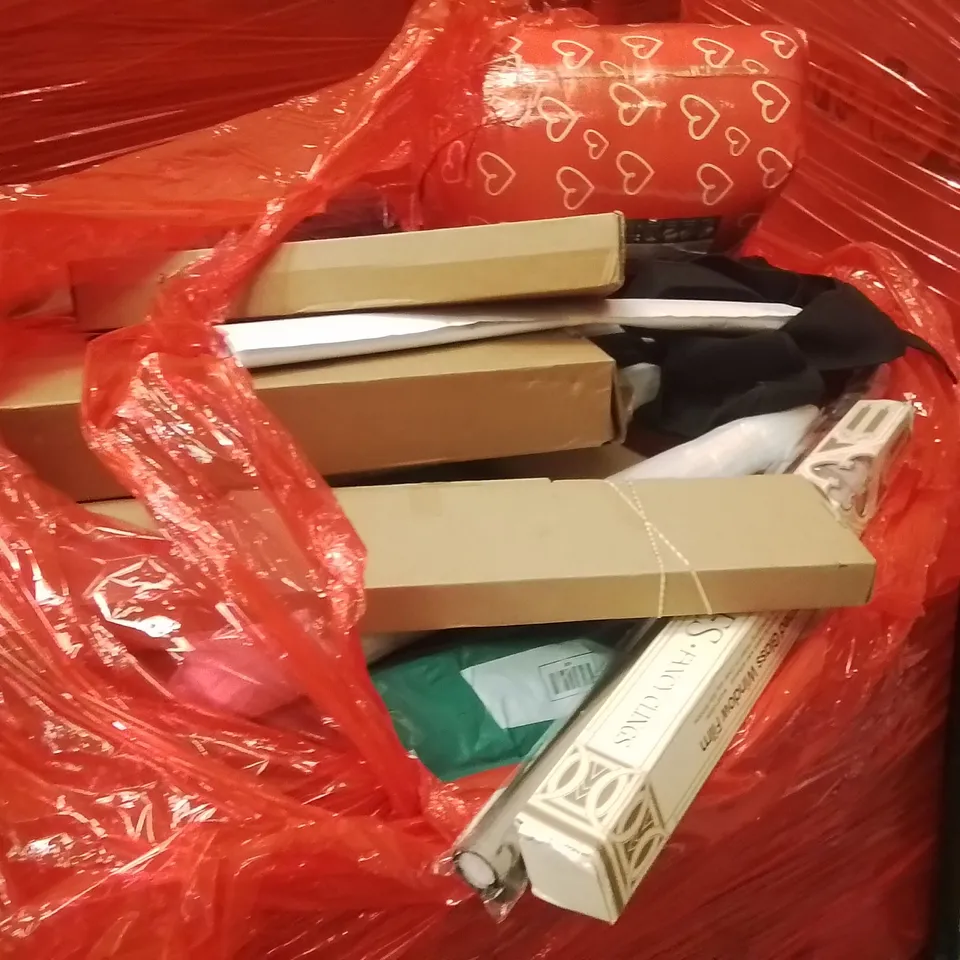 PALLET OF ASSORTED HOUSEHOLD GOODS AND PRODUCTS TO INCLUDE;PORTABLE PET PLAYPEN,CUSHION,BACK BRACE