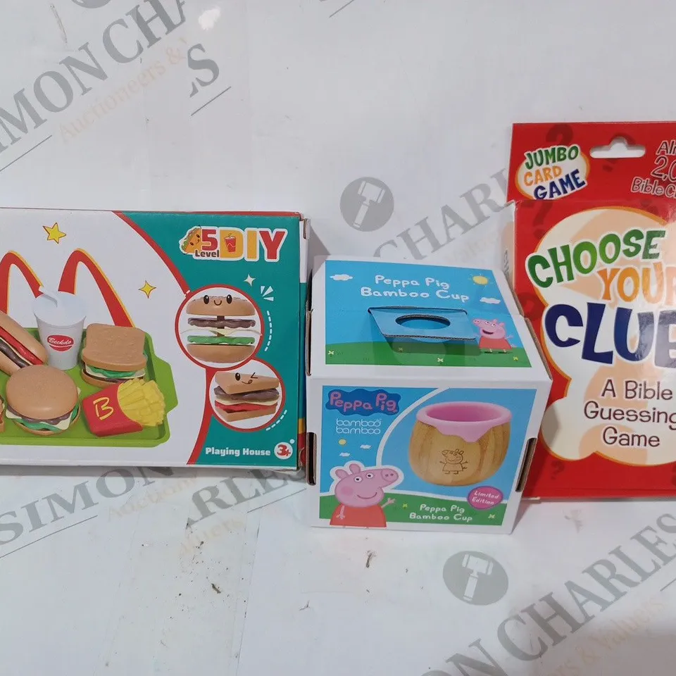 BOX OF APPROXIMATELY 20 ASSORTED TOYS AND GAMES TO INCLUDE CHOOSE YOUR CLUES PEPPA PIG BAMBOO CUP, ETC