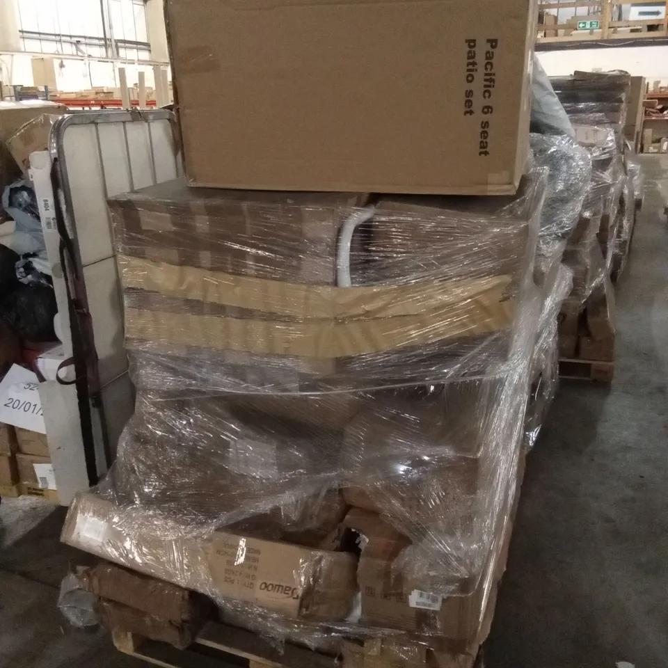 PALLET OF ASSORTED HOUSEHOLD GOODS AND PRODUCTS TO INCLUDE; KITCHEN SENSOR BINS, PORTABLE MINI WASHING MACHINE, FLATPACK FURNITURE ETC