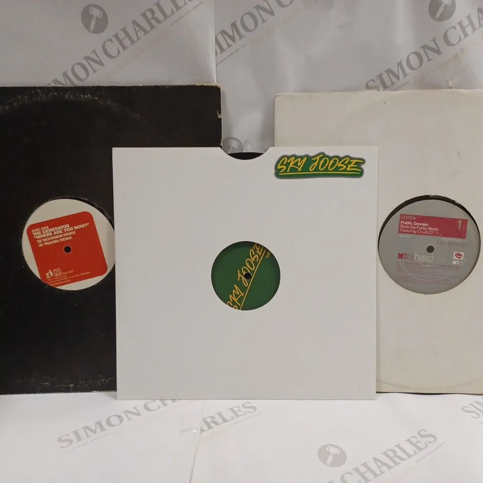 BOX OF APPROXIMATELY 5 ASSORTED RECORDS TO INCLUDE SKY JOOSE - SKYDUBS 001, THE GENERATOR - WHERE ARE YOU NOW?, PUBLIC DOMAIN - ROCK DA FUNKY BEATS, ETC