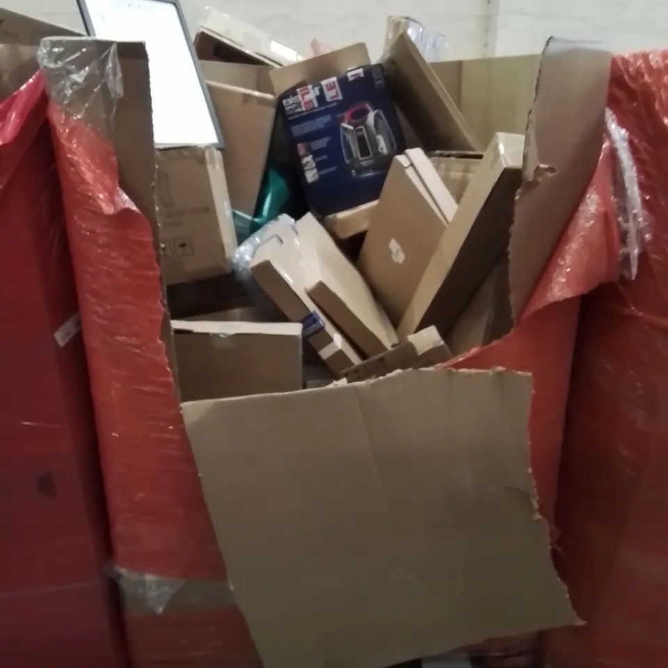 PALLET CONTAINING MIXED BOXED HOUSEHOLD ITEMS TO INCLUDE: STEAM CLEANER, DIP STANDS, COCKTAIL PICTURE AND LOTS MORE UNMARKED BOXED ITEMS 