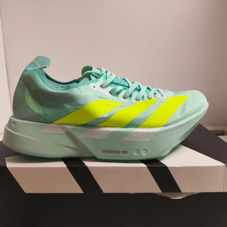 BOXED PAIR OF ADIDAS ADIZERO ADIOS PRO 4 W RUNNING SHOES – UK 9.5 (US 11), TURQUOISE/NEON YELLOW