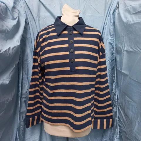 BODEN NAVY & TAN STRIPE POLO SHIRT – WOMEN'S, UK SIZE S (S) MADE IN CHINA