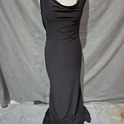 CLUB LONDON FRANCOISE COWL NECK BACKLESS MAXI DRESS WITH LACE INSERT IN BLACK SIZE 10