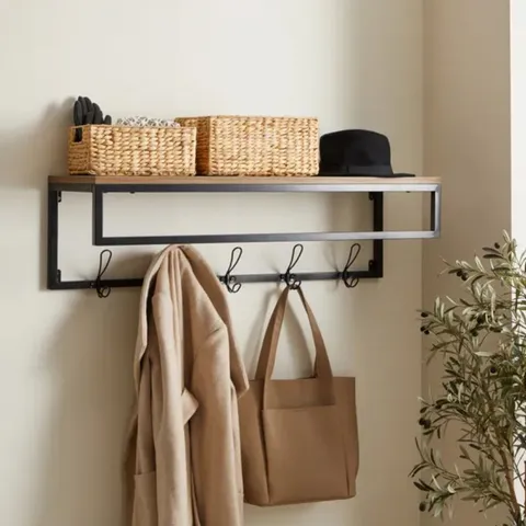 BOXED FULTON WALL SHELF WITH HOOKS PINE (1 BOX)