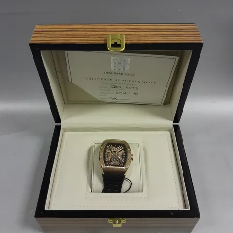 MENS AUTOMATIC DESCHAMPS & CO WATCH – SKELETON DIAL – GLASS EXHIBITION BACK CASE – RUBBER STRAP