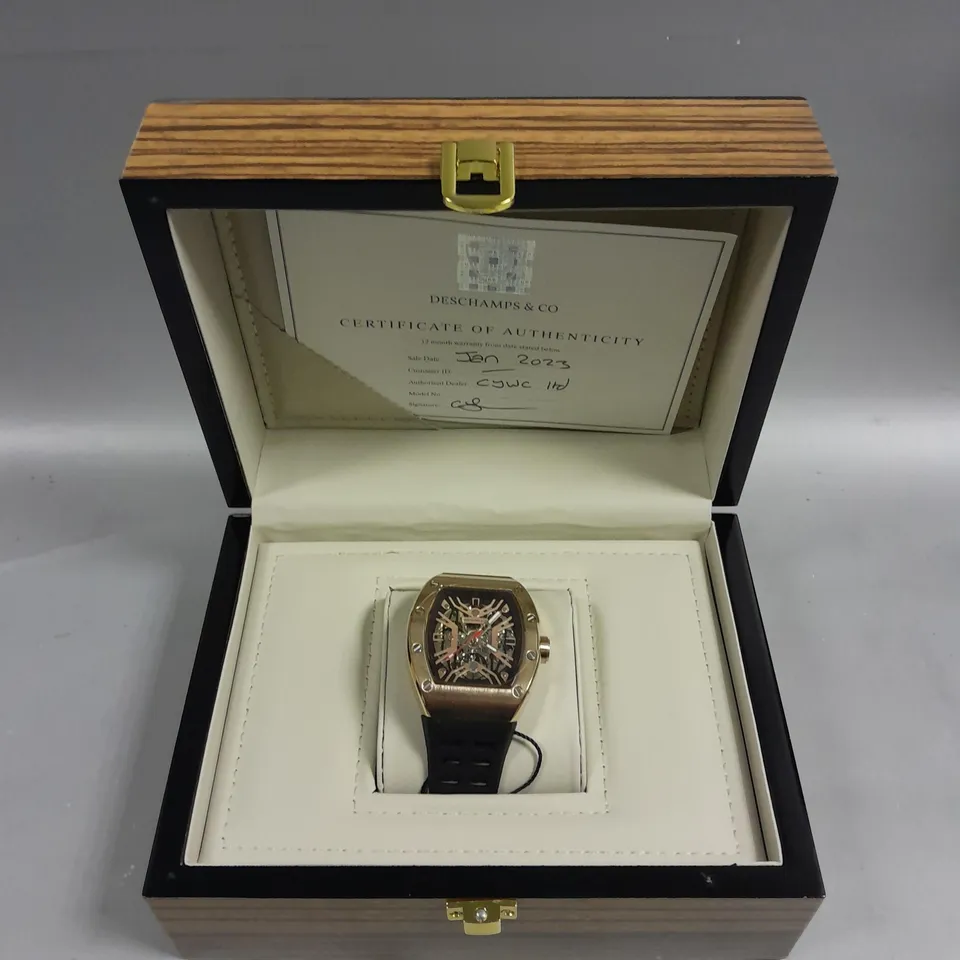 MENS AUTOMATIC DESCHAMPS & CO WATCH – SKELETON DIAL – GLASS EXHIBITION BACK CASE – RUBBER STRAP