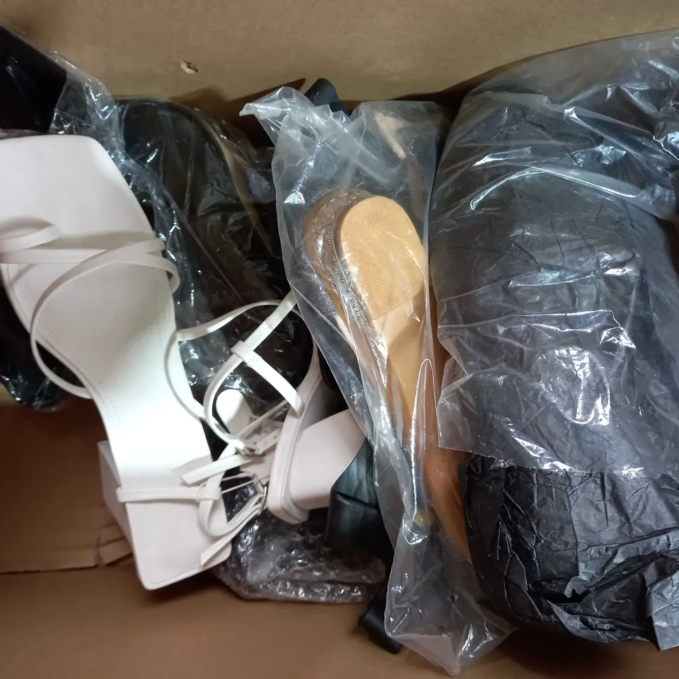 BOX OF APPROXIMATELY 10 ASSORTED PAIRS OF SHOES IN VARIOUS COLOURS, STYLES, AND SIZES TO INCLUDE FIRETRAP, FASHION, NASTY GAL, ETC