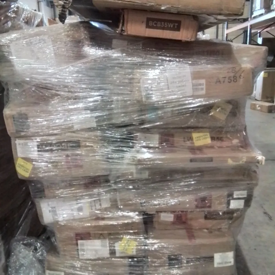 PALLET OF MULTIPLE FLAT PACKS SUCH AS COMPUTER DESKS AND SHELVES ETC