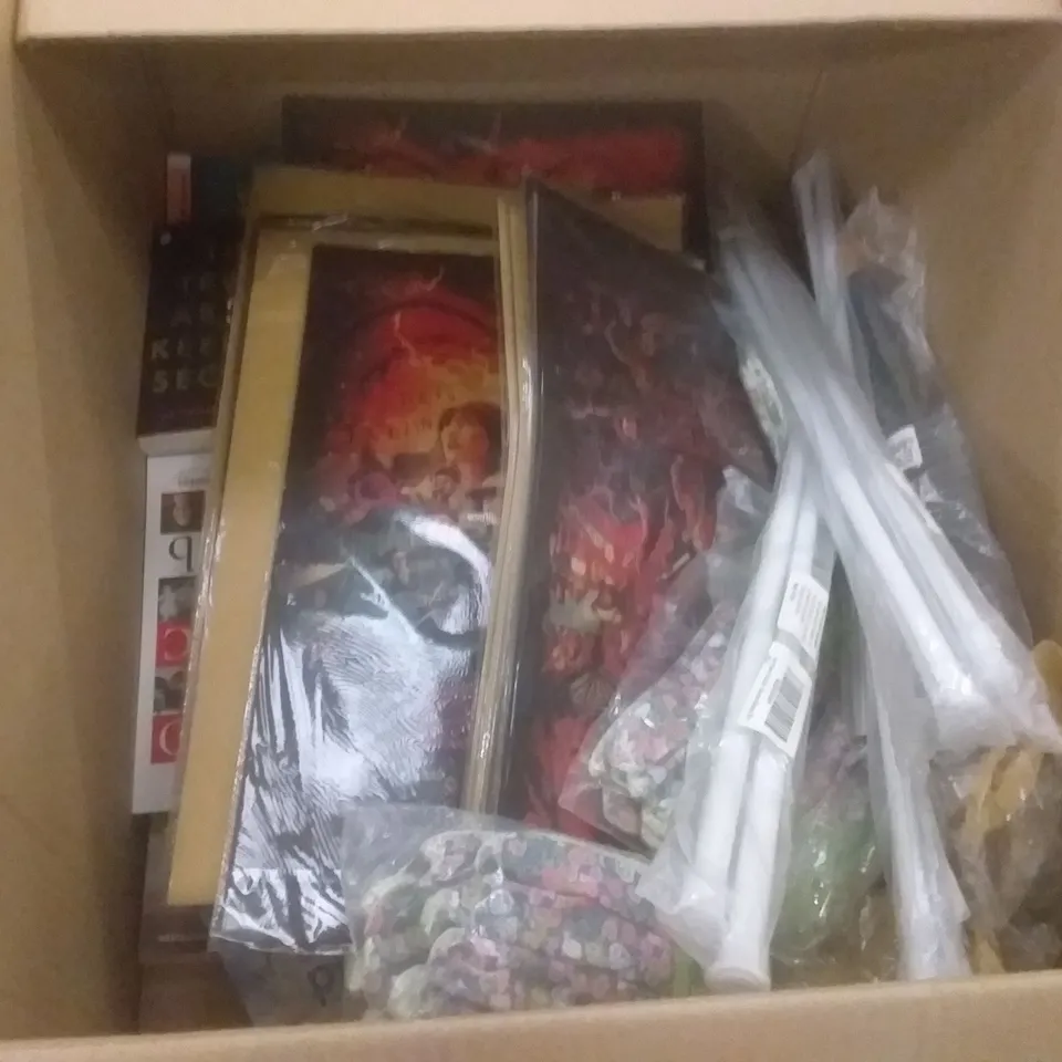 PALLET OF ASSORTED ITEMS INCLUDING THE COMPLETE ASIAN COOKBOOK, THE FAULT IN OUR STARS BOOK, SPONGE FILTERS, STRANGER THINGS POSTERS, SPICE RACK, CONTROLLER THUNBSTICKS