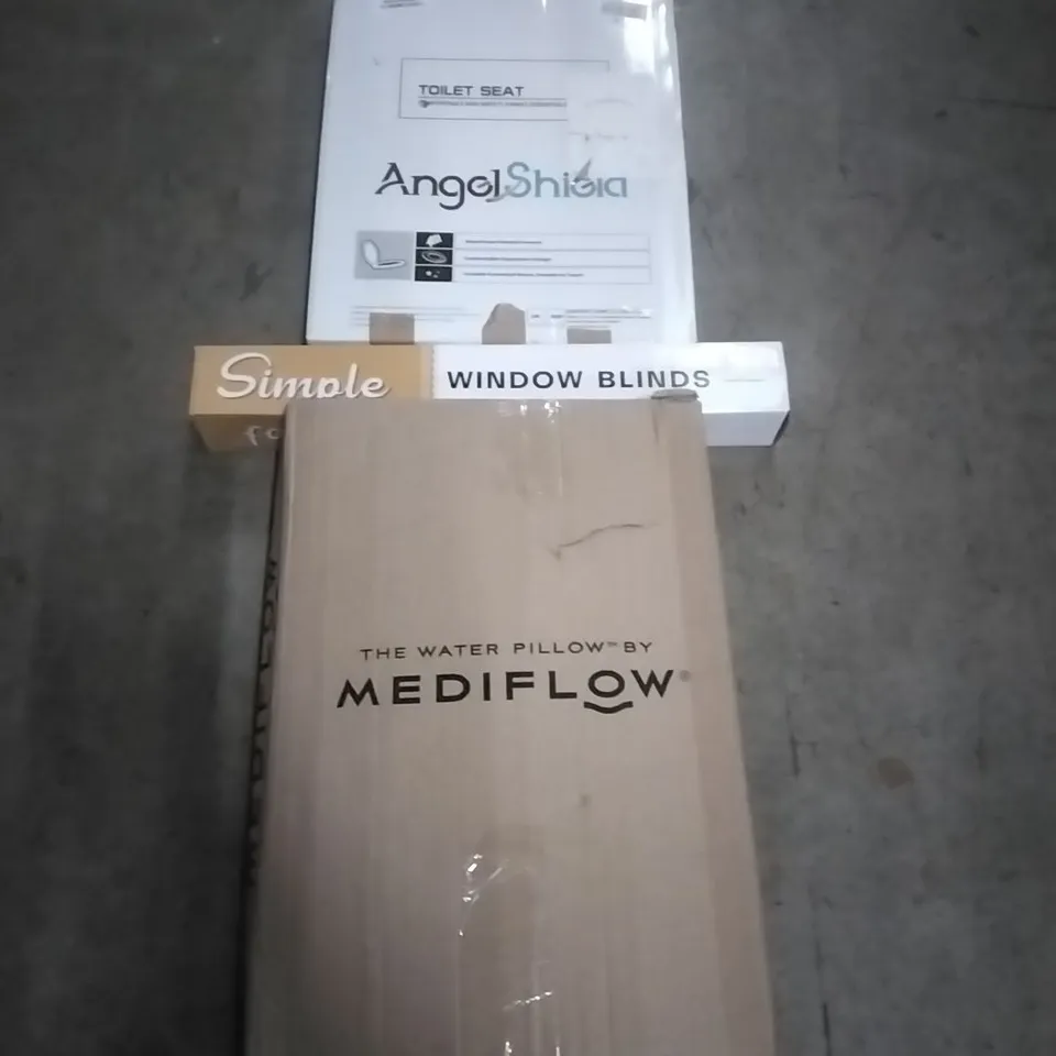 PALLET OF HOUSEHOLD ITEMS TO INCLUDE TOILET SEAT,WINDOW BLINDS,WATER PILLOW AND OTHER ASSORTED ITEMS...