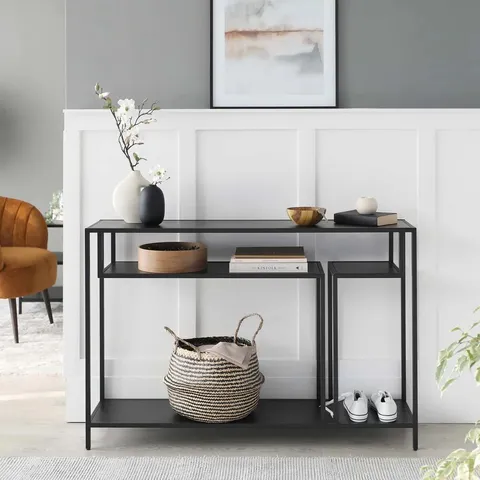 BOXED FINLEY CONSOLE TABLE - BLACK OAK EFFECT WITH BLACK METAL (2 BOXES)