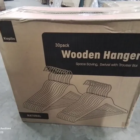 BOXED 30 PACK OF WOODEN CLOTHES HANGERS