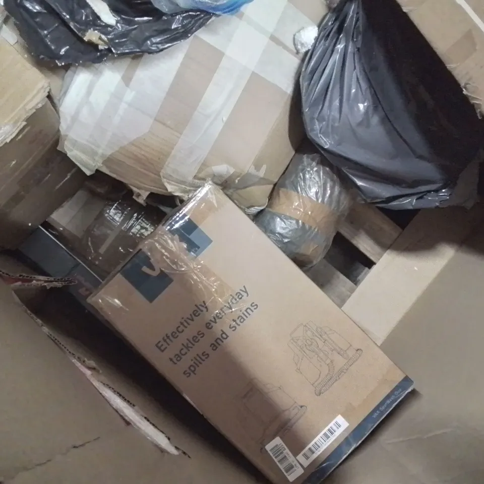 PALLET CONTAINING VARIOUS ASSORTED BOXED HOUSEHOLD ITEMS TO INCLUDE: DOVAMAN STS DRILL, PET CRATE, UNDER DESK STEPPING MACHINE, COFFEE MAKER, VAX SPOTLESS DUO VAC AND LOTS MORE UNMARKED BOXED ITEMS 