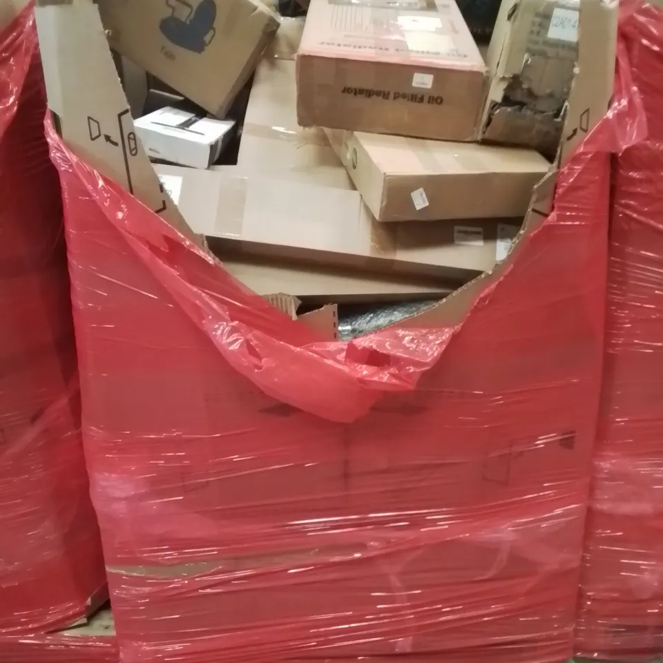 PALLET CONTAINING VARIOUS ASSORTED BOXED HOUSEHOLD ITEMS TO INCLUDE: OIL FILLED RADIATOR, ACROSS POLES, BOOSTER SEAT, GAMING MOUSE MAT, SIDE TABLES, FLOOR TV STAND AND LOTS MORE UNMARKED BOXED ITEMS 