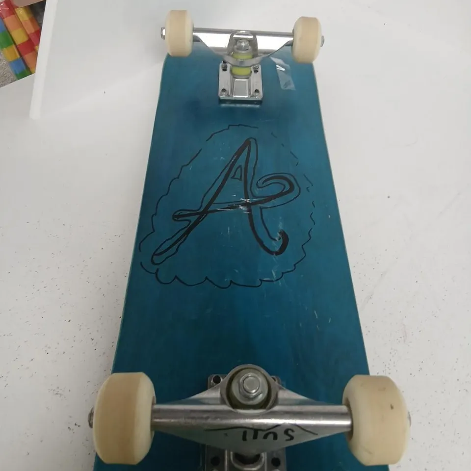 BLUE LONGBOARD SKATEBOARD WITH CREAM WHEELS AND SILVER TRUCKS