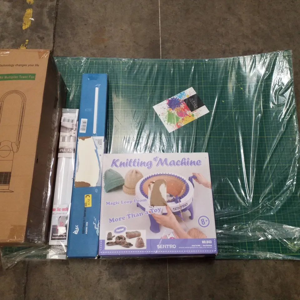 PALLET CONTAINING ASSORTED PRODUCTS INCLUDING AIR MULTIPLIER TOWER FAN, ROLLER BLIND, AQUARIUM LIGHT, KNITTING MACHINE, SELF HEALING CUTTING MAT