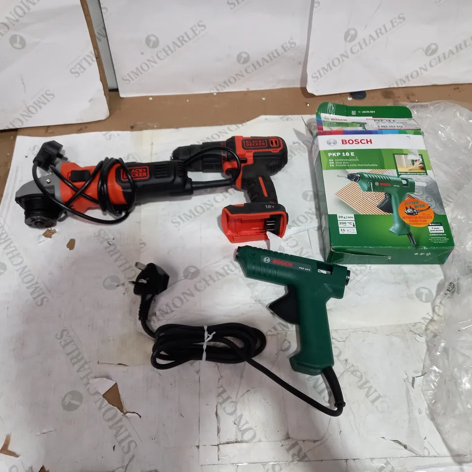 LOT OF 3 TOOLS TO INCLUDE BLACK+DECKER 18V BCD700S, BLACK+DECKER BED010 TYPE 1, AND BOSCH PKP 18 E 