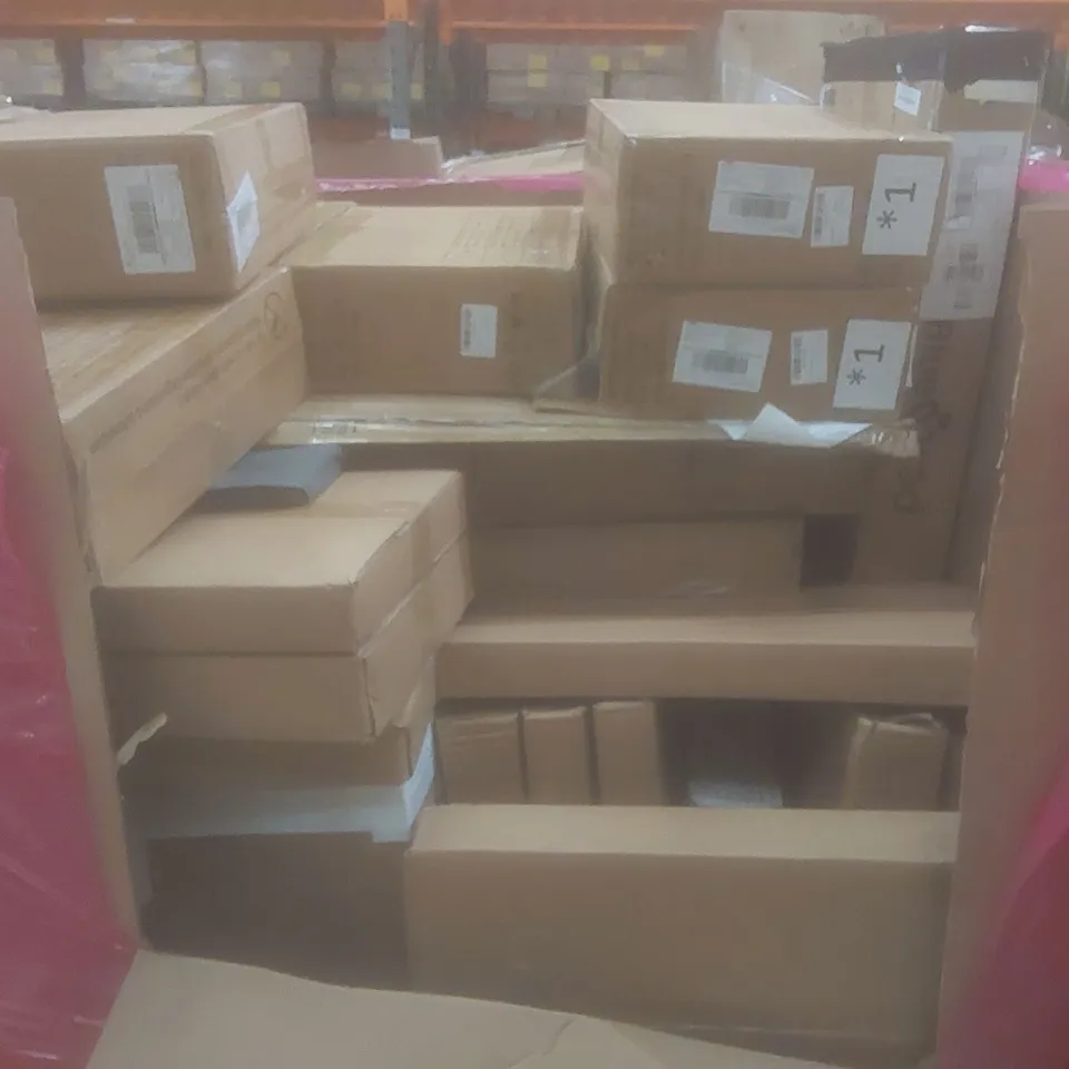 PALLET OF ASSORTED HOUSEHOLD ITEMS AND CONSUMER PRODUCTS TO INCLUDE; CAT TREES, TRAMPOLINE, UNDER-COUNTER STORAGE ETC