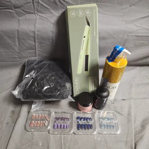 APPROXIMATEY 20 ASSORTED HEALTH AND BEAUTY PRODUCTS TO INCLUDE - CARMEN HAIR STRAIGHTENER - FALSE NAILS - OLAY BODY LOTION - ETC