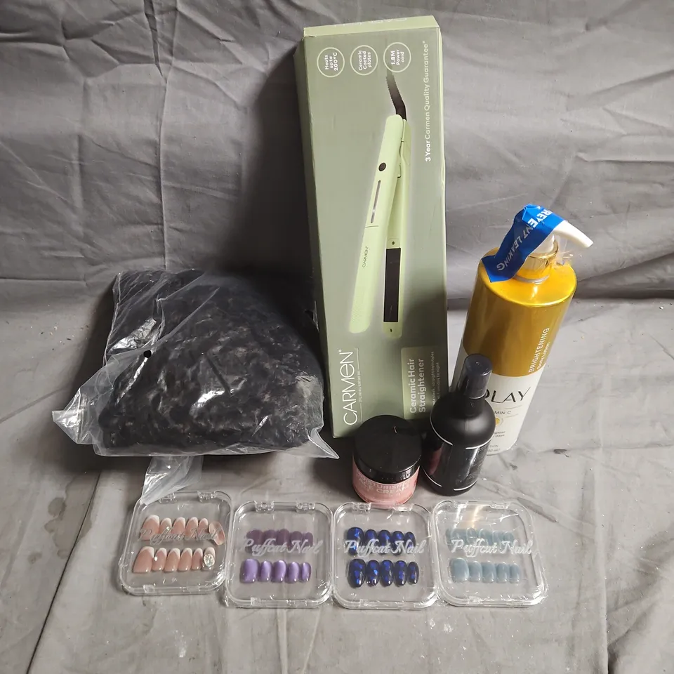 APPROXIMATEY 20 ASSORTED HEALTH AND BEAUTY PRODUCTS TO INCLUDE - CARMEN HAIR STRAIGHTENER - FALSE NAILS - OLAY BODY LOTION - ETC