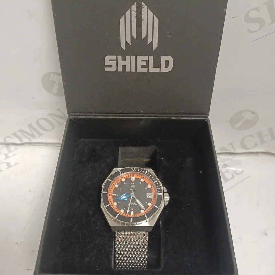 BOXED SHIELD WATCH - STAINLESS STEEL - JAPAN MOVEMENT - WATER RESISTANT 20ATM.